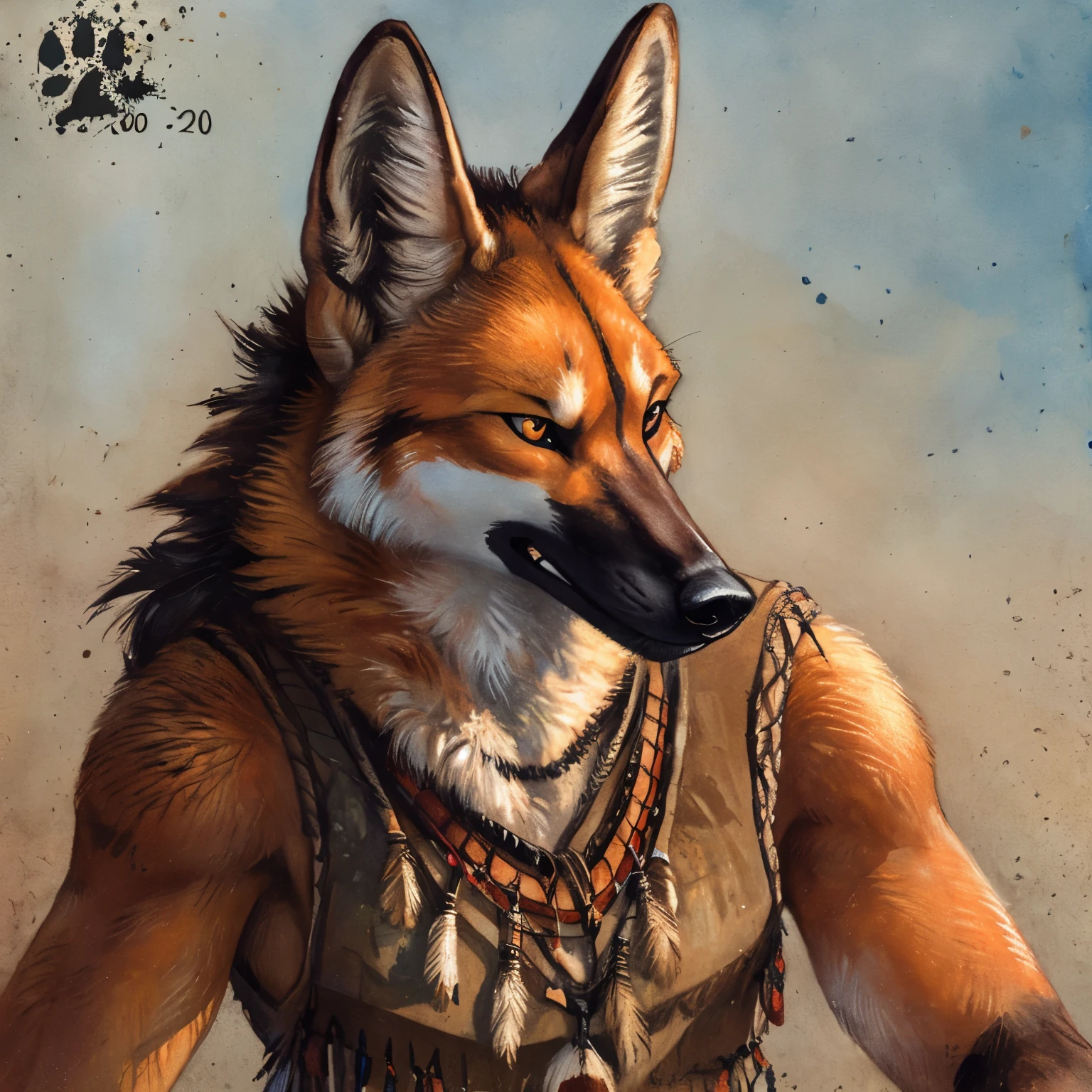 female, Anthro, maned wolf, angry eyes, tribal vests, holding sword, detailed anatomy, no background, (by blotch)