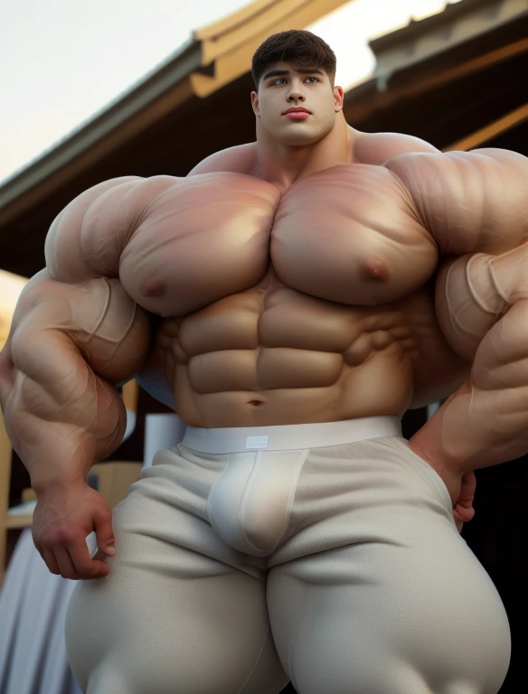 1 boy, short black haircut, ultraheavyweight bodybuilder, standing, outdoor at the summer festival, golden hour, strong body, bulk, naked, wear white triangular underwear, bulge, very big, brutalmass, giant, muscular body, bulk, massive body, large meaty body size, brown veiny skin, big arms, large meaty pecs, rounded muscle, UHD, Realistic, intricate detail, illuminating light