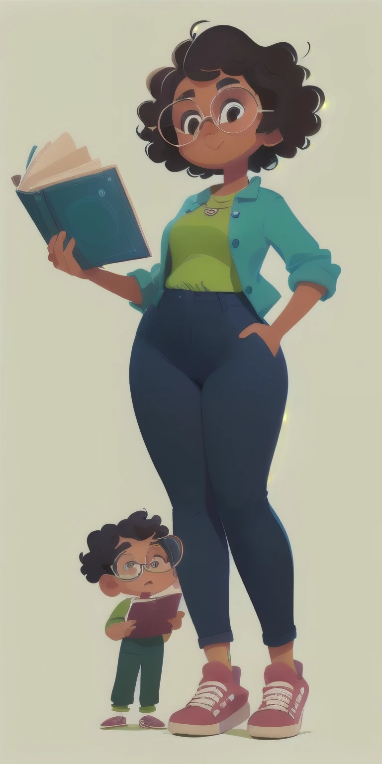 cartoon of a black woman with very short curly hair, standing, children's book illustration, short curly hair, wearing glasses, wearing a green shirt and blue pants, single full body character, full body character (only one person), a teacher holding a book,