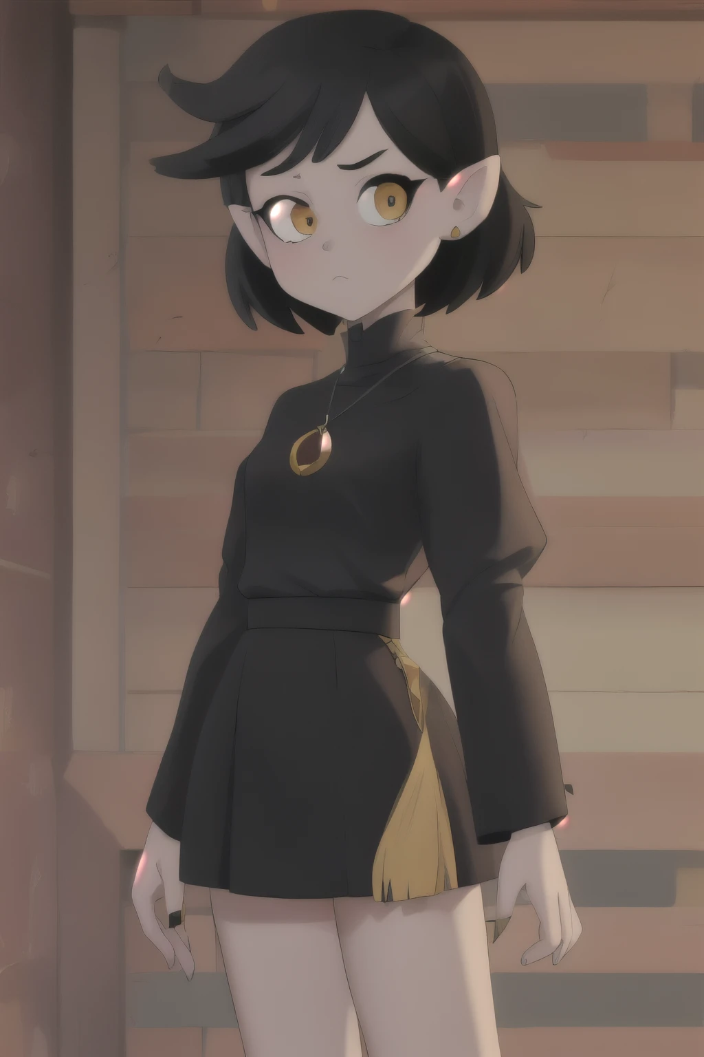 Girl with short black hair, red skin, yellow eyes and gothic style, small horns Helluva Boss 