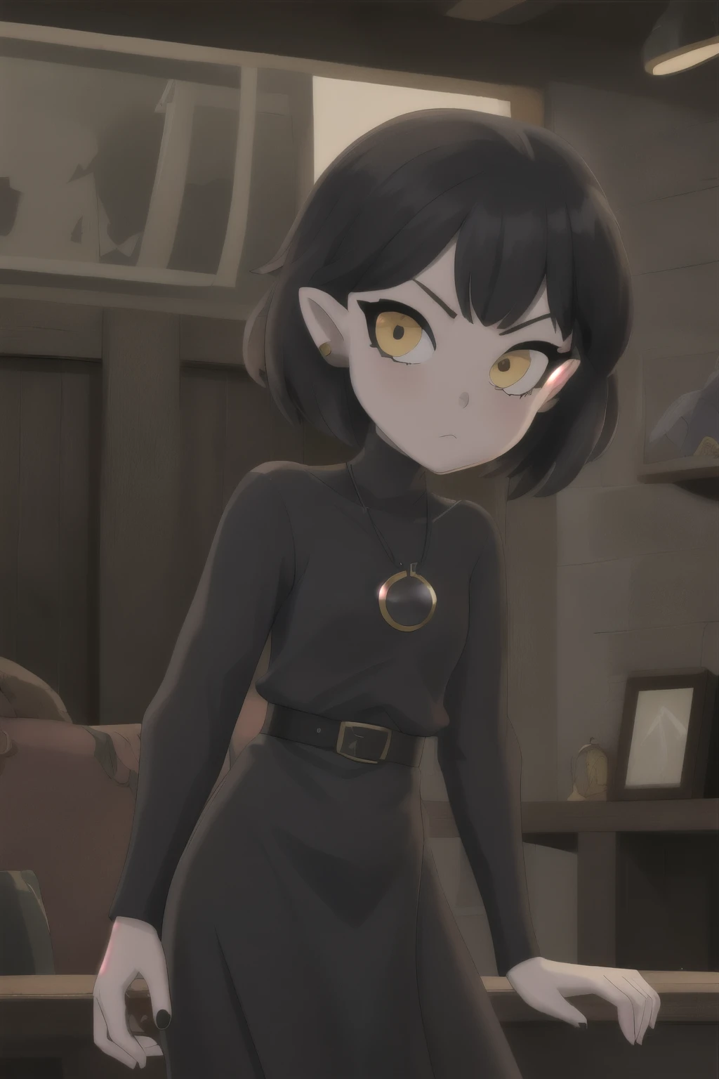 Girl with short black hair, red skin, yellow eyes and gothic style, small horns Helluva Boss 