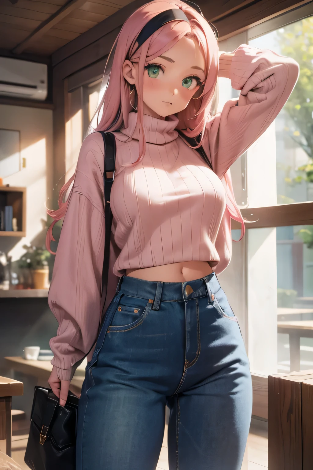 1 girl, single girl, cute, tan skin, pink hair, green eyes, medium breasts, big hips, wool sweater, baggy Patanlon blue jeans, black headband, with boyfriend