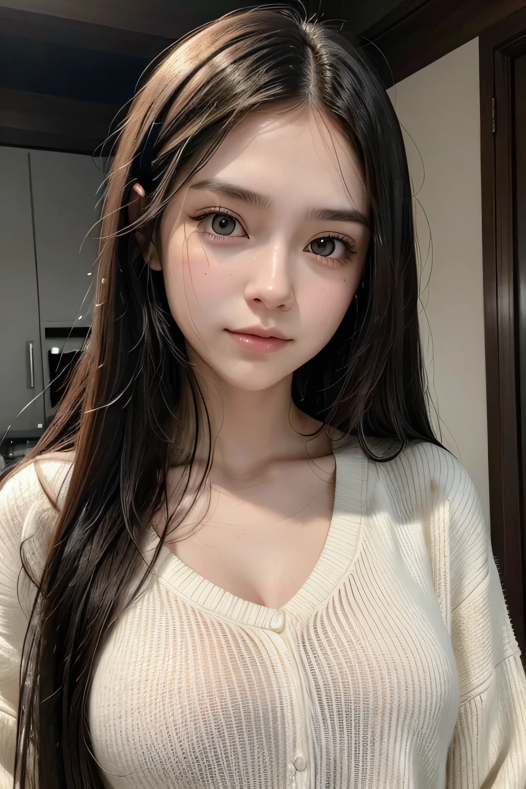 Generate an image of a young Caucasian woman with long black hair and honey-colored eyes. She should have a serene and slightly smiling facial expression. The woman should appear to be between 20 and 30 years old. Ensure that the generated image depicts her in a realistic and aesthetically pleasing manner. Optionally, she can be wearing casual or neutral clothing that does not detract attention from her face.