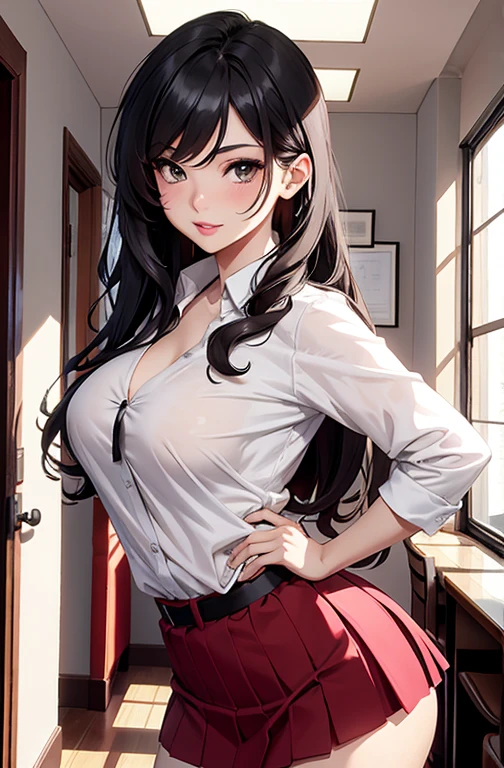 masterpiece, best quality, best lighting, shadows, perfect anatomy, 1 girl, adult anime girl, 21 years old, mature features, showing tits, bitchy face, pretty lips, pretty eyes, black wavy hair, black eyes, seductive eyes, blushing, flirty, pretty smile, tiny red skirt, white tight shirt, classroom background, ass, breast, thighs, seductive, spicy, hot, flirty, nsfw,