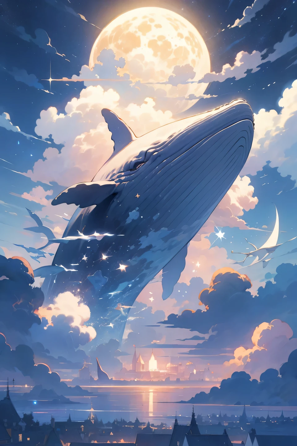humpback, cloud,(building), sky, moon, star (sky), scenery, no humans, starry sky, night, fish, night sky, full moon, cloudy sky, outdoors, fantasy