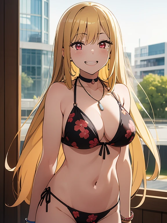 masterpiece, highest quality, High resolution, kitagawa marin sb, 1 girl, blonde hair, long hair, colorful hair, red eyes, jewelry, necklace, choker, black bikini, Floral, bracelet, side tie bikini bottom, panty shot, city, grin and laugh