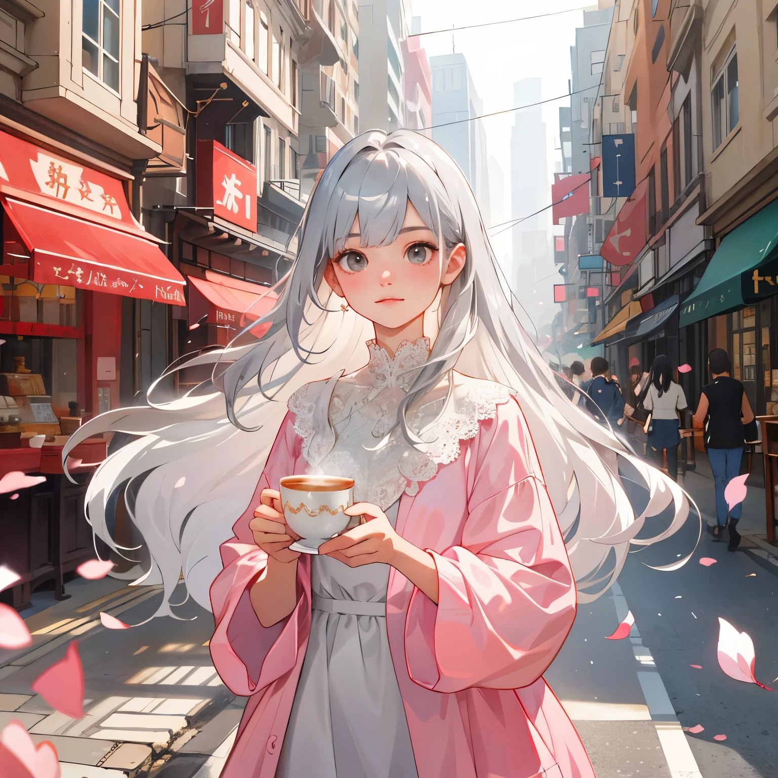 (highest quality、masterpiece、Surreal)、Portrait of a delicate girl with glossy silver long hair, silky hair、straight hair cut, straight silky bangs ,Playful and cute, The background is gray cloudy full of stores and cafeterias street with sunsine trying break through、Floating petals、Holding the cup of tea in Your Arms, lightings of city on background, pinky silver leather dress with lace of diamonds