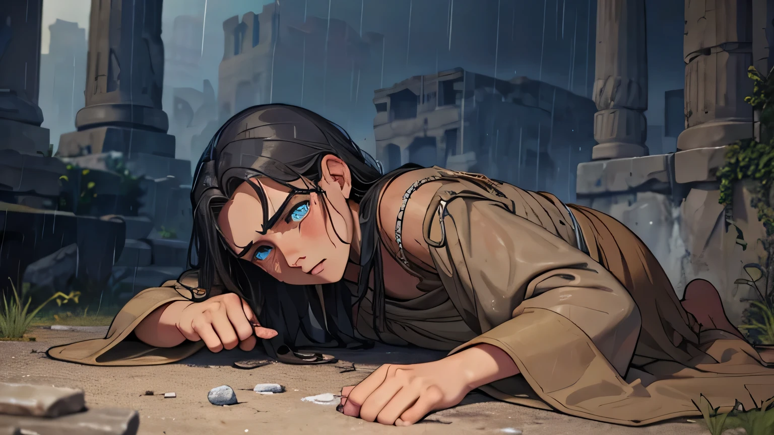 of 10 years old with blue eyes dark gray hair with poor and old brown tunic from the 1st century, depressed and crying on the ground of a Greek city from the 1st century AD, like a beggar in the rain, sad somber face