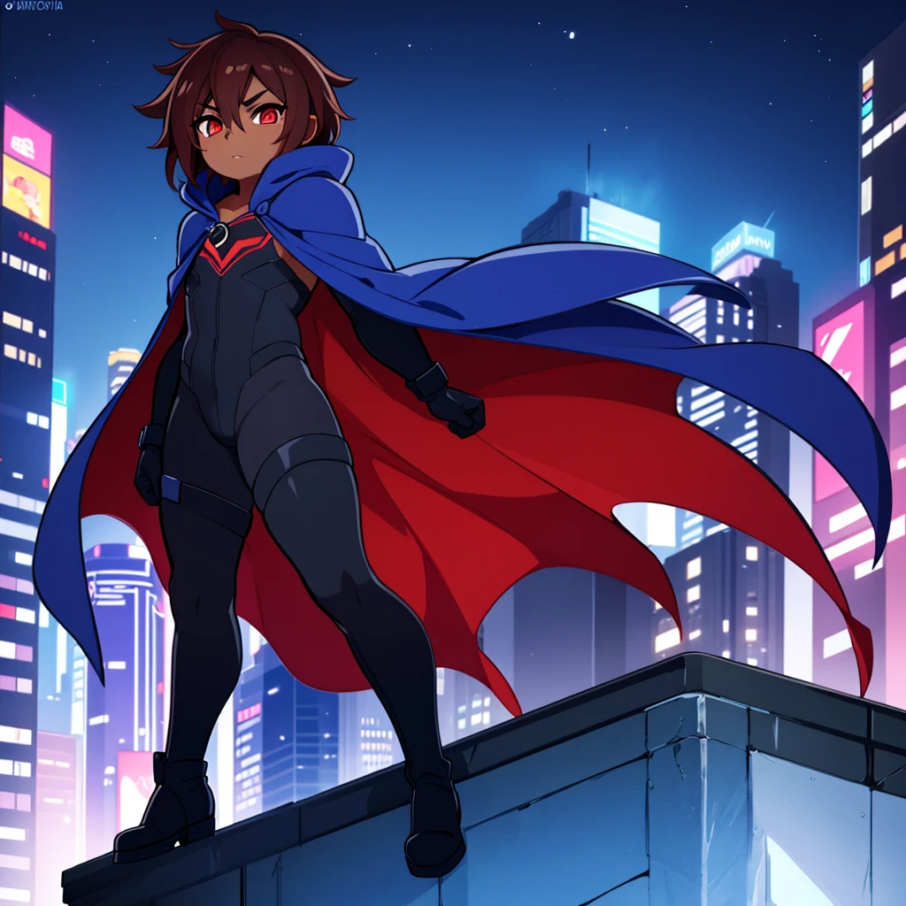 1boy, Femboy, superhero, crossdresser man, teenager, with a dark blue with red accents full body Spandex crow themed suit, with a blue cape, a blue glowing decal in the chest, black gloves and black boots that resemble crow feet, and a hoodie, long technological red sword, brown skinned, red eyes, feminine shoulder length dark brown hair, wide hips, thick thighs , flat chest, narrow waist, standing on the rooftop in the over a futuristic city at night ((only one character))