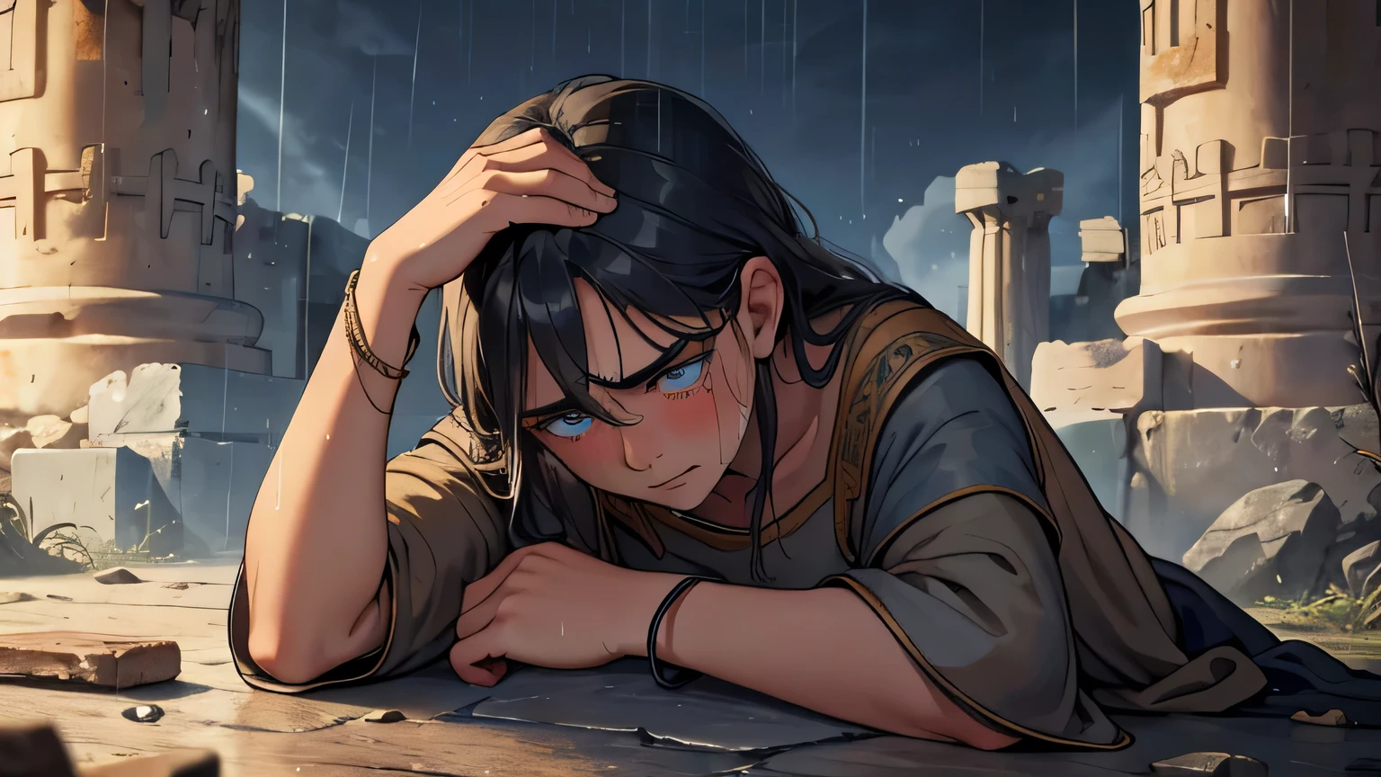  of 10 years old with blue eyes dark gray hair with poor and old brown tunic from the 1st century, depressed and crying on the ground of a Greek city from the 1st century AD, like a beggar in the rain, sad somber face