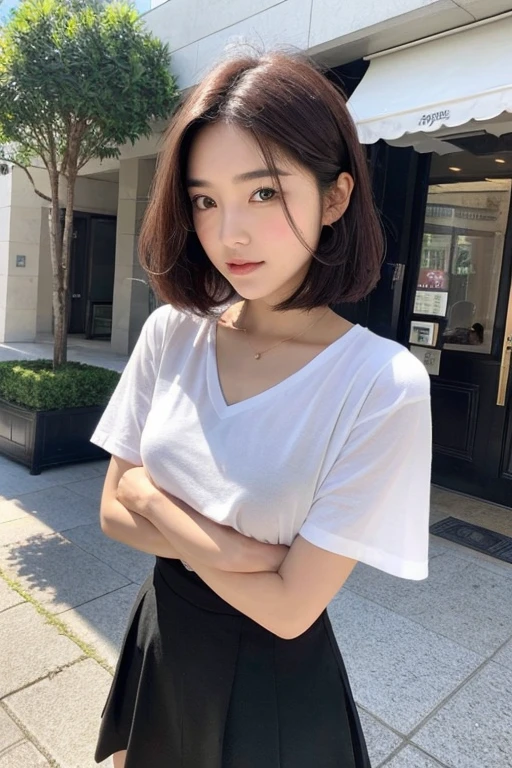 （（best qualtiy，8K，tmasterpiece：1.3）），Perfect beauty：1.4，glute：1.2，（Layered Hair Style：1.2）），（the street：1.3），Highly Detailed Face and Skin Textur，full bodyesbian，Elaborate Eyes，double eyelid，Whitens the skin，Short wave hair，Cute Korean beauty（with a round face：1.5），（Black top，short  skirt：1.6）ssmile