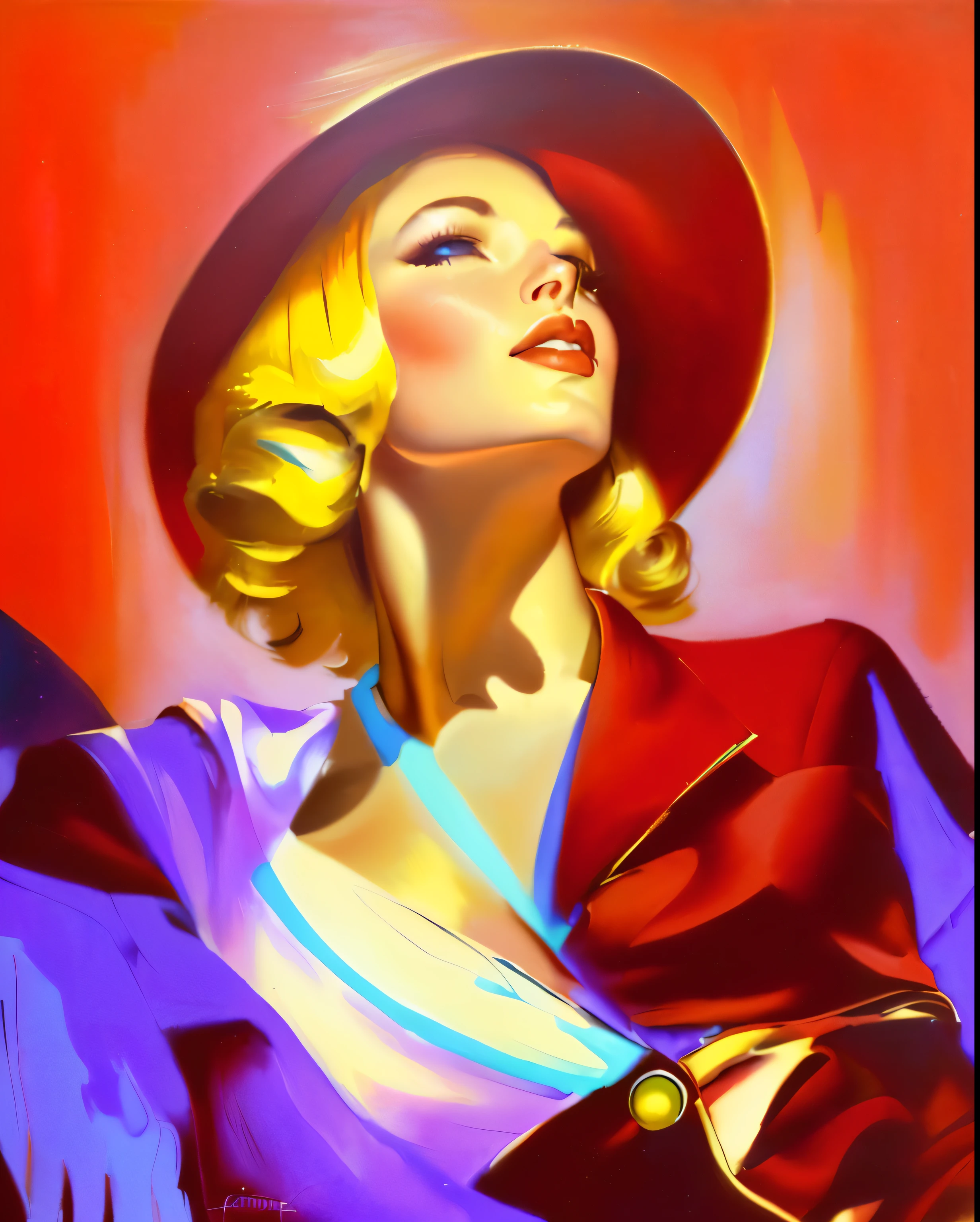 painting of a woman in a red hat and white shirt, inspired by Art Frahm, kenton nelson, inspired by Vincent Lefevre, by Fred Cress, inspired by Rolf Armstrong, inspired by Tamara de Lempicka, gil elvgren style, inspired by Tamara Lempicka, like rolf armstrong style, beautiful retro art, inspired by Vladimir Tretchikoff