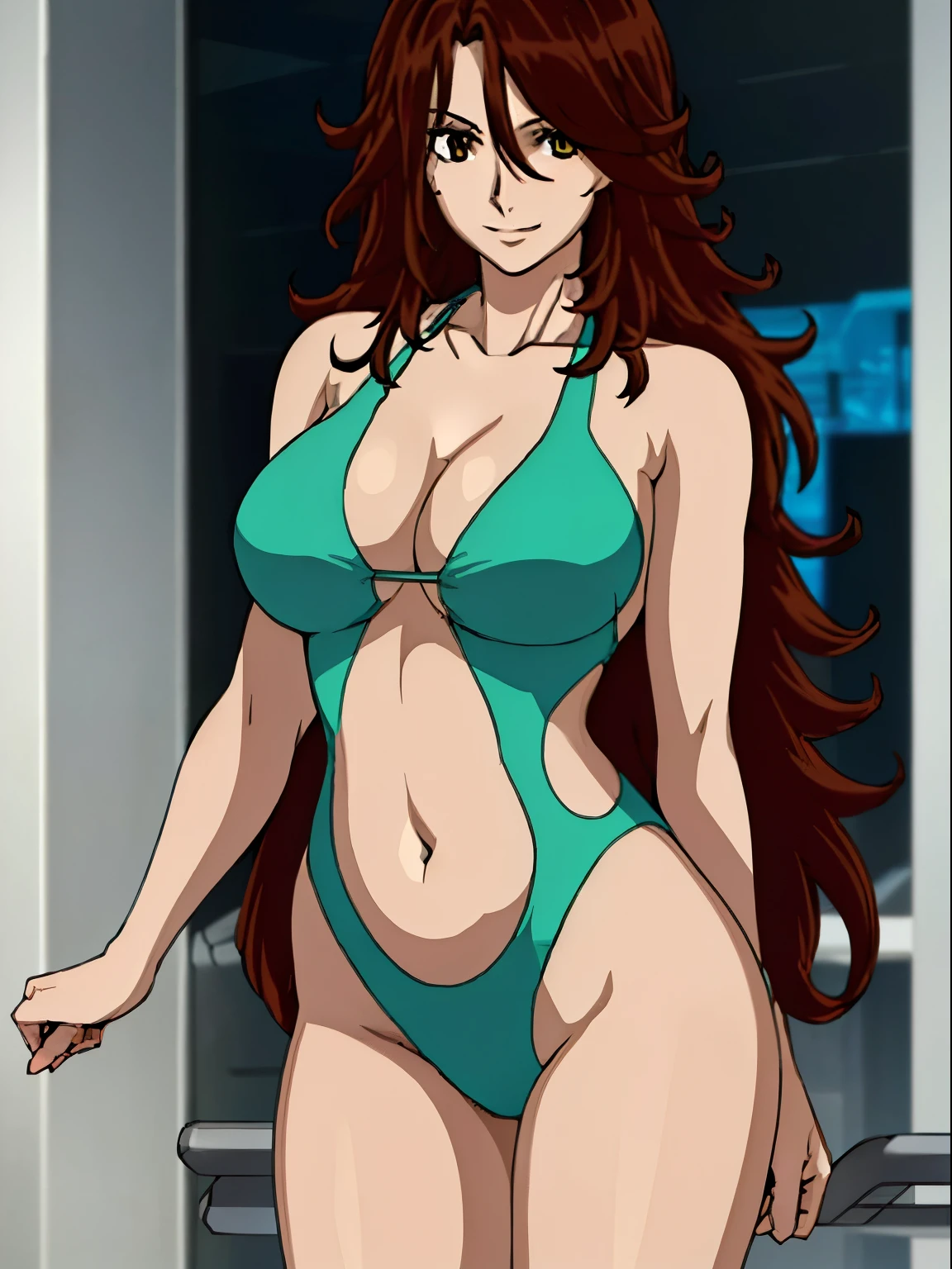 1girl, blunt bangs, very happy, smile, (slim woman, slim build, curvy body, perfect proportions, medium height, very long hair), ((very high resolution, best illustration, very high quality)), focus on face, ultra realstic, cowboy shot, ((green one piece swimsuit)), (brown hair:1.2), very long hair, looking at viewer, smile, detailed background with titration screen and spot lights, (photo realistic:1.2), very detailed eyes, very detailed face, red eyeshadow, depth of field, (solo:1.2), (cyberpunk city:1.1), (finger on lips:1.1),Shiny skin, standing, medium breasts with cleavage, (biceps, pale skin, navel, biceps, slim arms, slim belly), detailed hair streaks, thighs, narrow shoulders