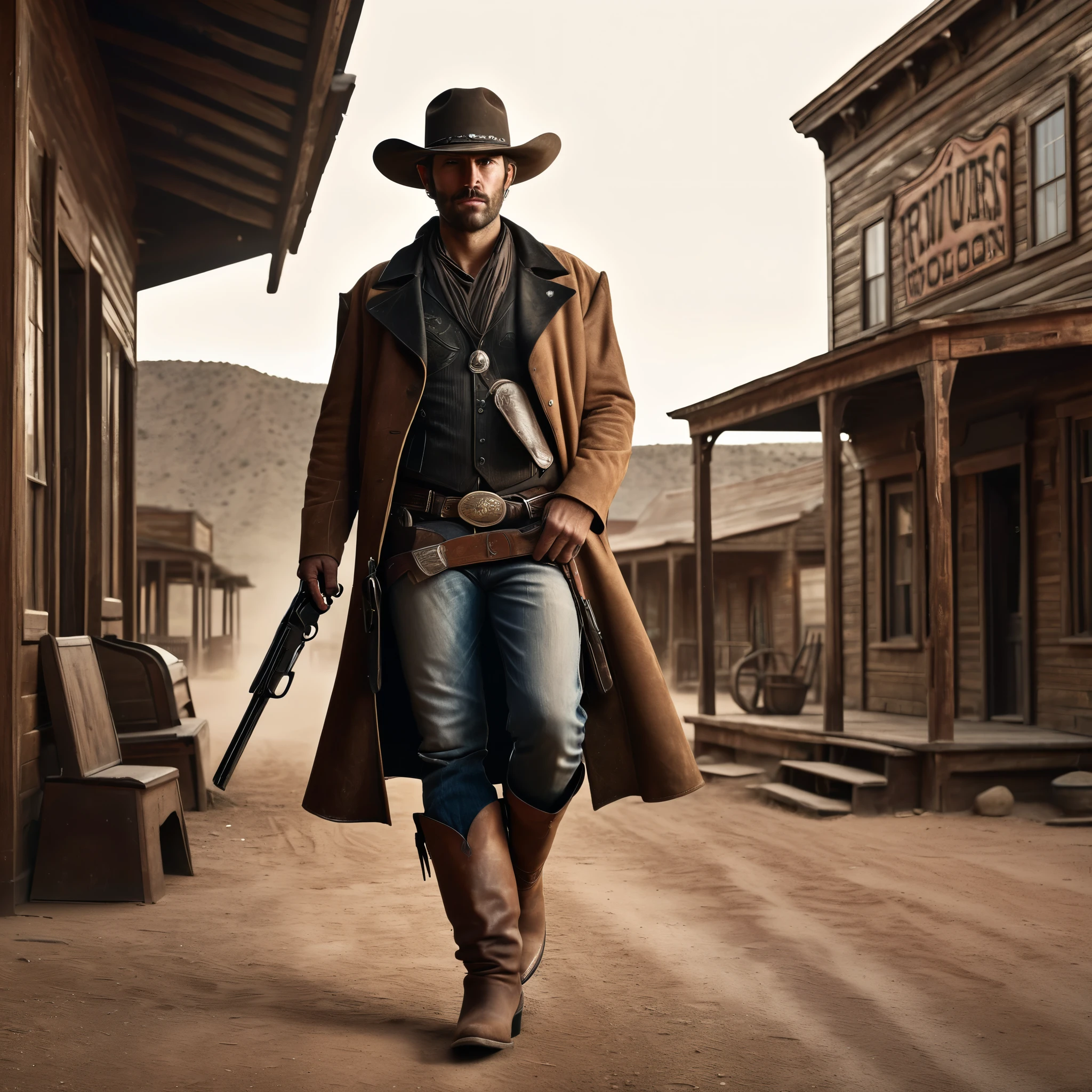 a gunslinger in the wild west, detailed portrait, detailed cowboy hat, detailed revolver, detailed leather holster, detailed cowboy boots, old western town, abandoned saloon, dusty dirt road, dramatic lighting, cinematic composition, muted color palette, gritty realistic rendering, masterpiece, best quality, 8k, highres, ultra-detailed, photorealistic