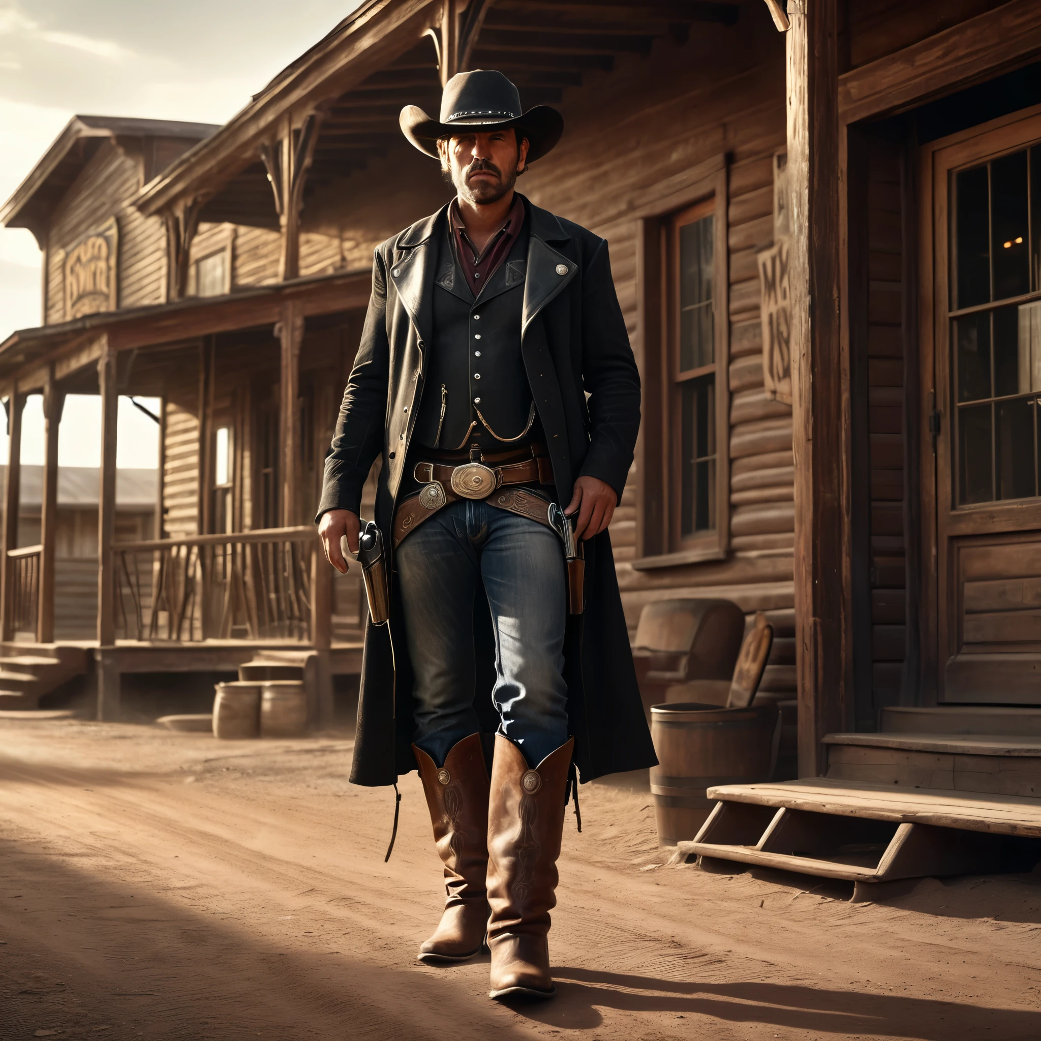 a gunslinger in the wild west, detailed portrait, detailed cowboy hat, detailed revolver, detailed leather holster, detailed cowboy boots, old western town, abandoned saloon, dusty dirt road, dramatic lighting, cinematic composition, muted color palette, gritty realistic rendering, masterpiece, best quality, 8k, highres, ultra-detailed, photorealistic