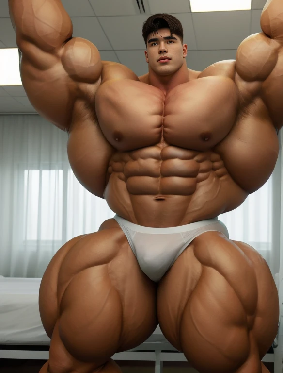 1boy, giant, model shoot style, staring, illuminating light, strong body, bulk, large size, armpit, in the white hospital room, white triangular underwear, prominent bulge, big, brutalmass, giant, muscular body, bulk, massive body, large meaty body size, huge thighs 