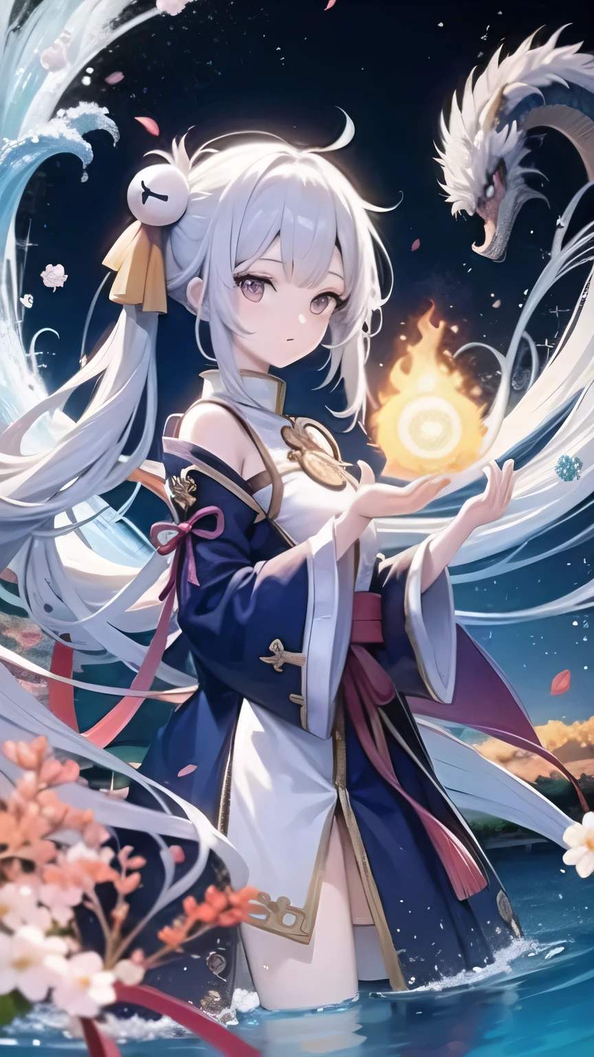 Anime girl holding a dragon ball, Ayaka Genshin Impact, White-haired deity, Anime style 4K, Anime Art Wallpaper 4K, Anime Art Wallpaper 4K, Onmyoji Detailed Art, anime wallpaper 4k, Anime Wallpaper 4K, best anime 4k konachan wallpapers, Anime Fantasy Artwork, 4k comics wallpaper, Anime fantasy illustration