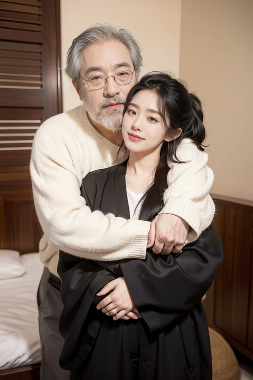 An old Korean man and a young Korean woman, age difference, age difference, giant size, 70 year old man, long white beard, smiley face, hairy body, standing hugging, hugging,  sexy young girl 18, naked, exposed pussy, long black hair hairstyle, face flushed with embarrassment, sexual positions, kissing, a white-haired old man, a young girl, in bed,  Detailed, realistic, realistic face, big chest.
