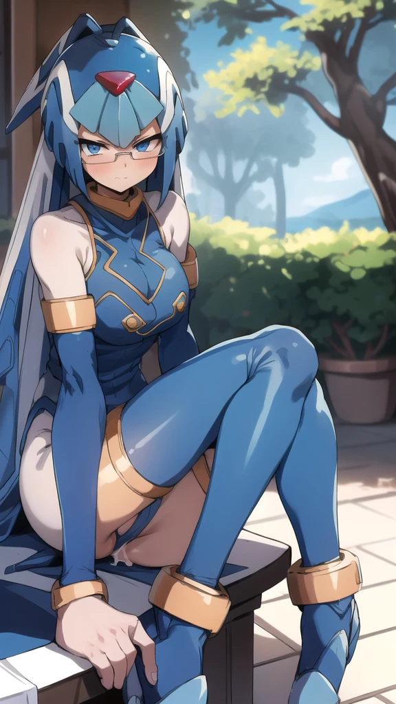 Leviathan_Megamanz, 1 Girl, looking at viewer, blue hair, Blue eyes, Tree background , Blushed , Dress , Wedding ring, Leaning on a table , Thoughtful pose , Glasses, drip, pus