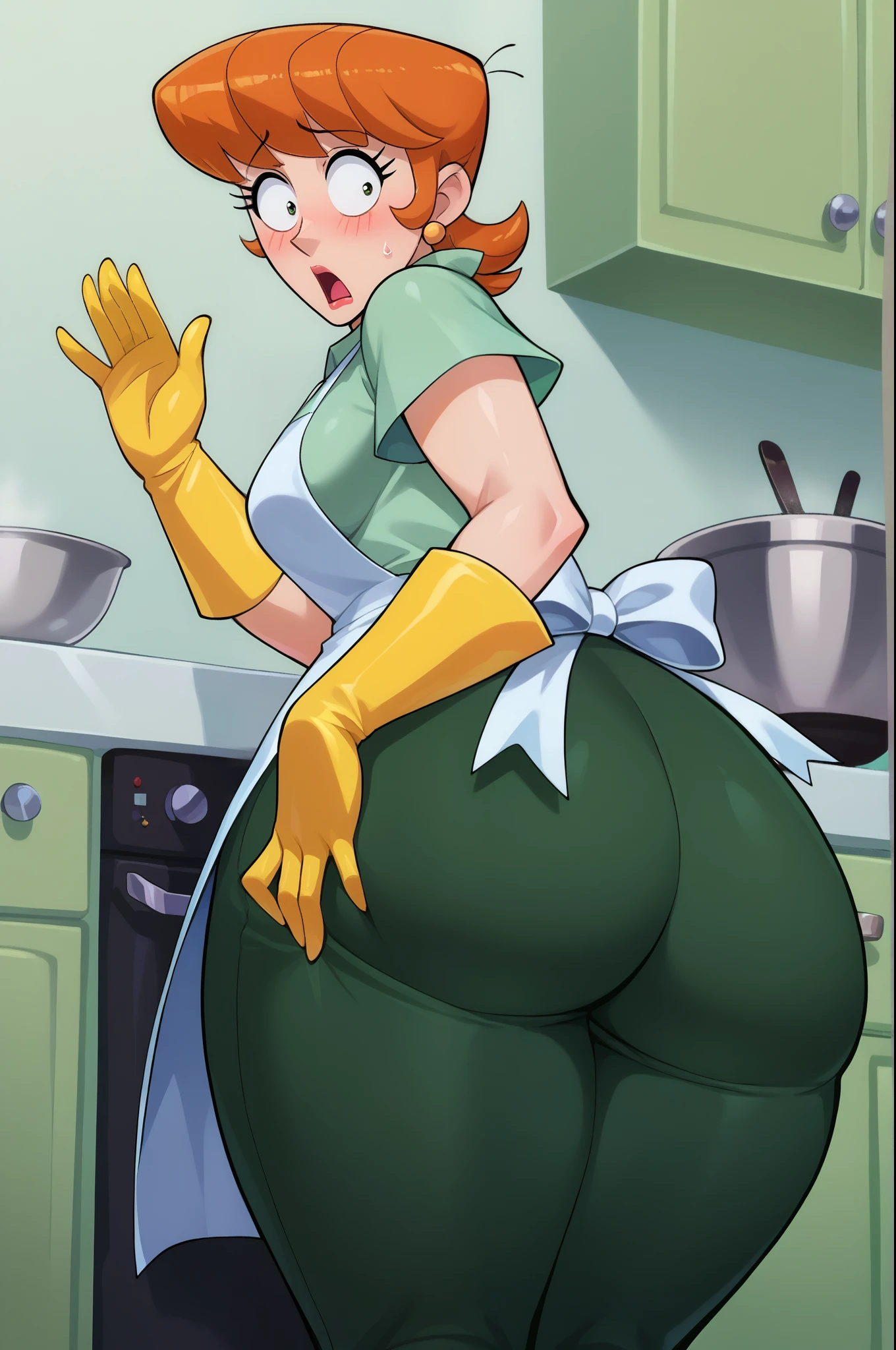 score_9, score_8_up, score_7_up, BREAK, 1girl, solo, breasts,  dextersmom, makeup, jewelry, gloves, shirt, apron, kitchen, upper body, portrait, mature female, simple background, thick thighs, wide hips, big ass, showing buttcrack slightly, (showing big butt), bend over, shocked, embarrassed, (showing ass), grabbing crotch, (pants half way down slightly showing asscrack),