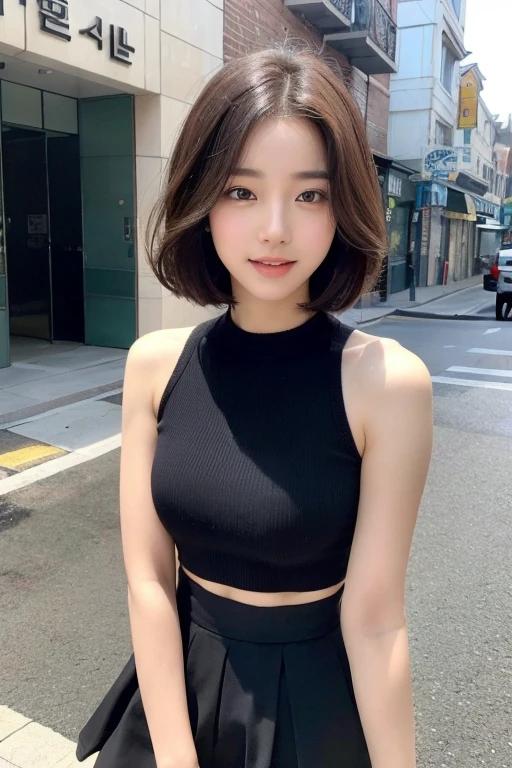 （（best qualtiy，8K，tmasterpiece：1.3）），Perfect beauty：1.4，glute：1.2，（Layered Hair Style：1.2）），（the street：1.3），Highly Detailed Face and Skin Textur，full bodyesbian，Elaborate Eyes，double eyelid，Whitens the skin，Short wave hair，Cute Korean beauty（with a round face：1.5），（Black top，short  skirt：1.6）ssmile