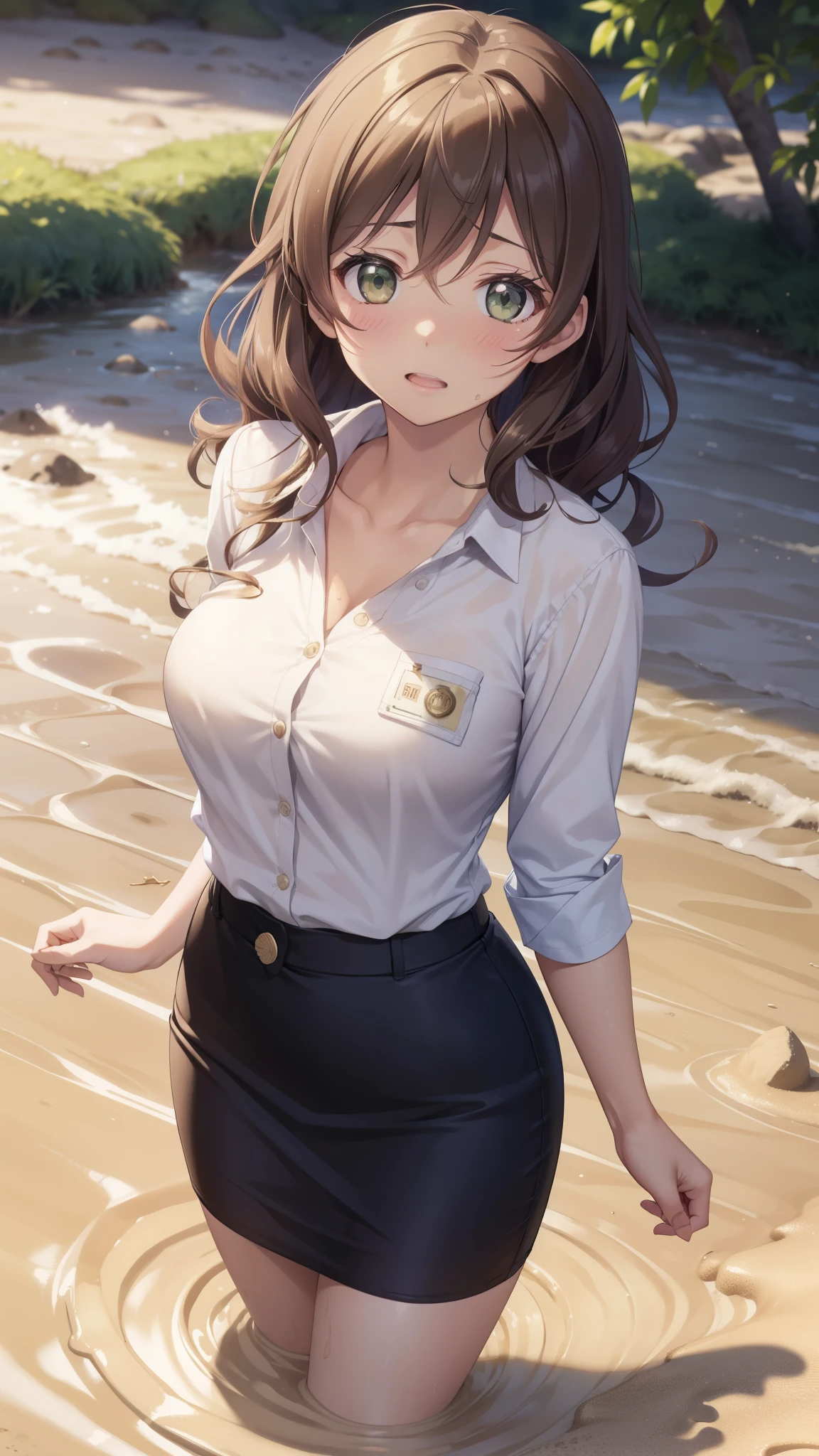 nozomitoujou, nozomi toujou, green eyes, beautiful detailed eyes, curly hair, large breasts, masterpiece, best quality, high resolution, good lighting, detailed CG, messy hair, worried, button-shirt, collarbone, pencil skirt, id badge, (quicksand:1.3)