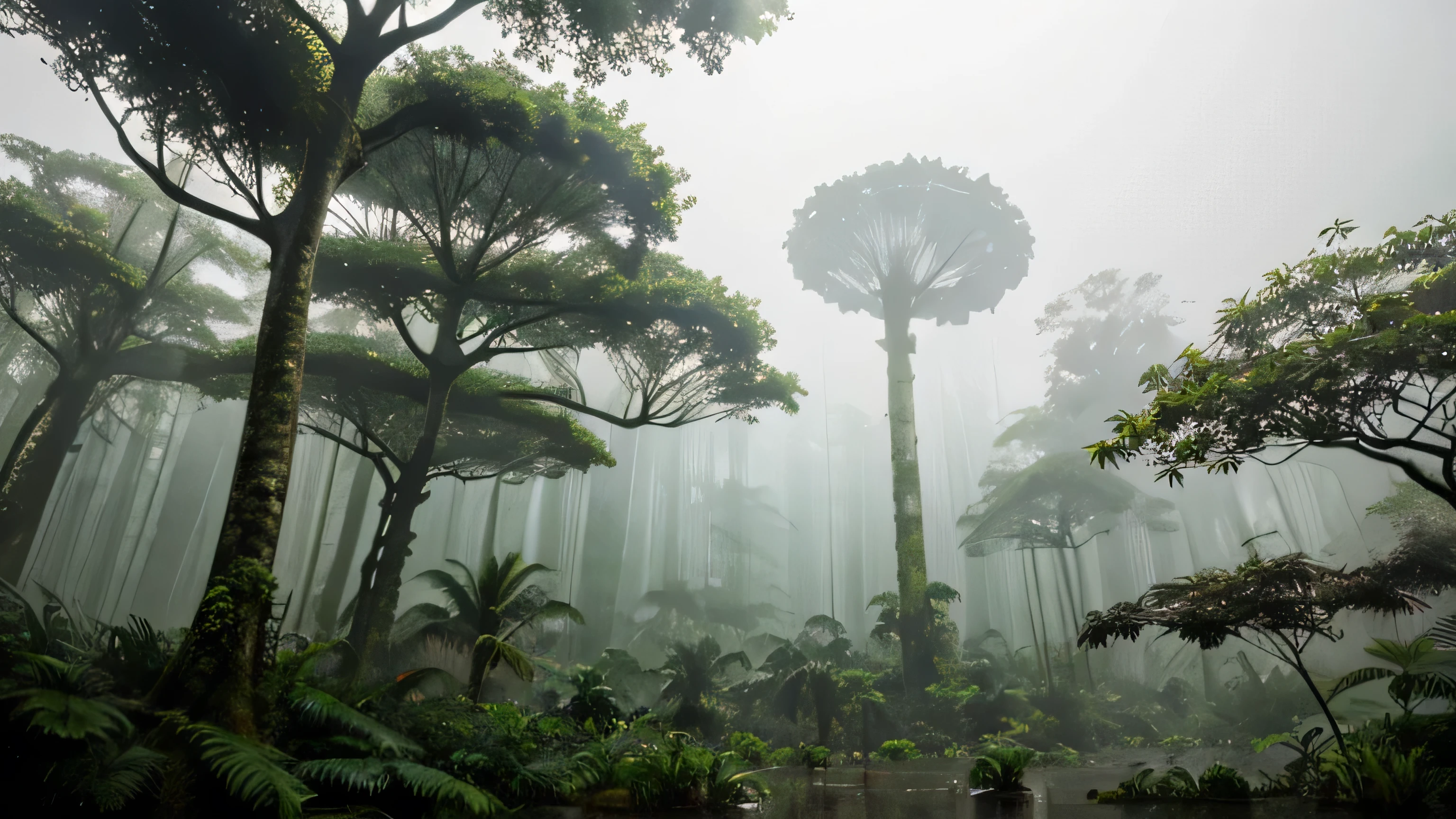 Rainy tropical rainforest jungle。The fog rolls in。Extraterrestrial planets。Giant Tree々