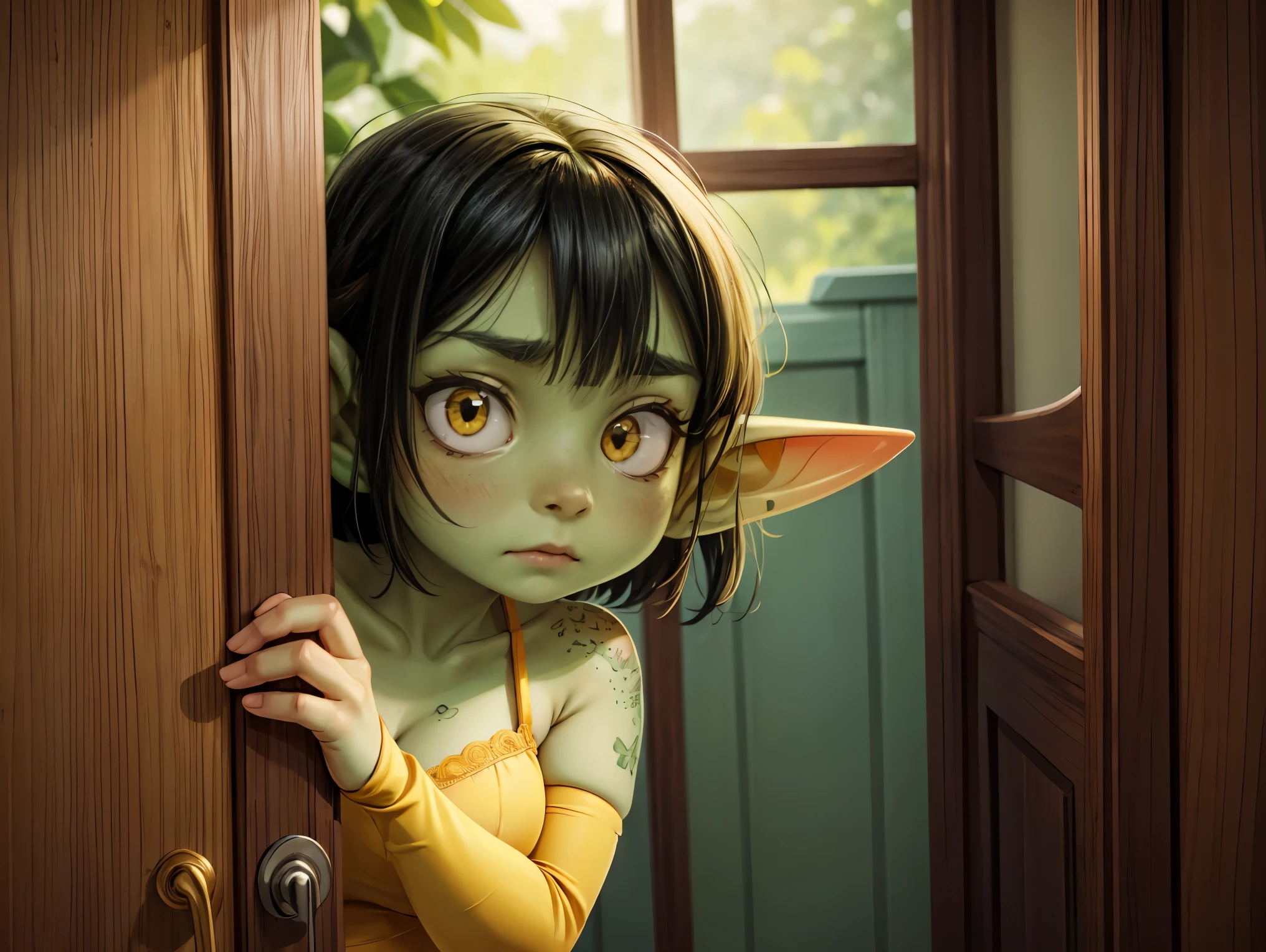 ((best quality)), ((masterpiece)), (detailed), absurdres, ((1 girl)), 1girl, solo, 4k, short heavyset chubby green goblin girl peeking out from behind a changing room door, focus on face, (black hair), green skin, yellow eyes, freckles, posing, (nervous expression:1.3), shy, embarrassed, wearing yellow bra, close up on face, blushing, unsure, wearing yellow bra, extreme close up on face, peeking out upper body