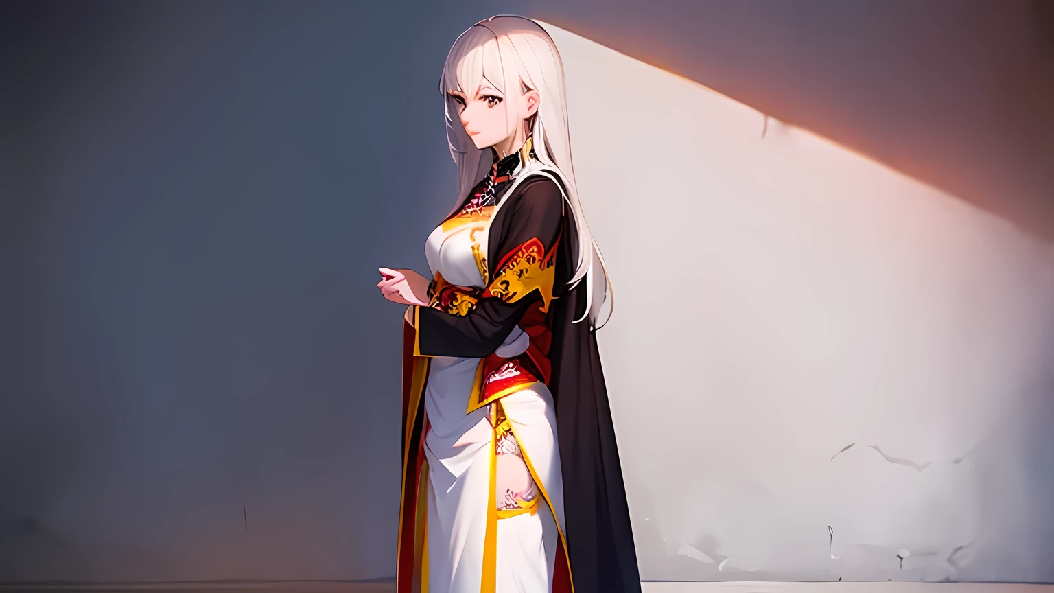 female model, (standing right side straight), view from far away traditional long clothes but tightly fit,realistic hands