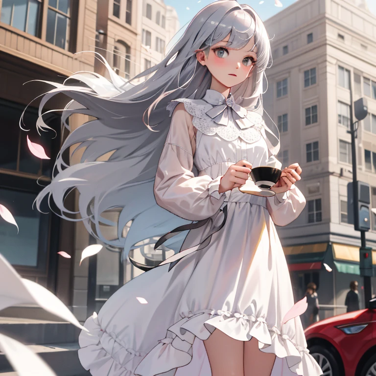 (highest quality、masterpiece、Surreal)、Portrait of a delicate girl with glossy silver long hair, silky hair、straight hair cut, straight silky bangs ,Playful and cute, The background is gray cloudy full of stores and cafeterias street with sunsine trying break through、Floating petals、Holding the cup of tea in Your Arms, lightings of city on background, pinky silver leather dress with lace of diamonds