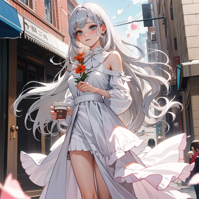 (highest quality、masterpiece、Surreal)、Portrait of a delicate girl with glossy silver long hair, silky hair、straight hair cut, straight silky bangs ,Playful and cute, The background is gray cloudy full of stores and cafeterias street with sunsine trying break through、Floating petals、Holding the cup of tea in Your Arms, lightings of city on background, pinky silver leather dress with lace of diamonds