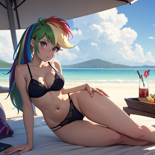 Rainbow Dash, Rainbow Dash of My Little Pony, Rainbow Dash as a girl, 20 year old girl, hair length, Long legs, sexuality, Luxurious hair, voluminous hair, Лежит на sun loungerе, sun lounger, Sun, wound, beach, big breasts, Volume breasts, lush breasts, in underwear, bare ass, In a bra, In thong