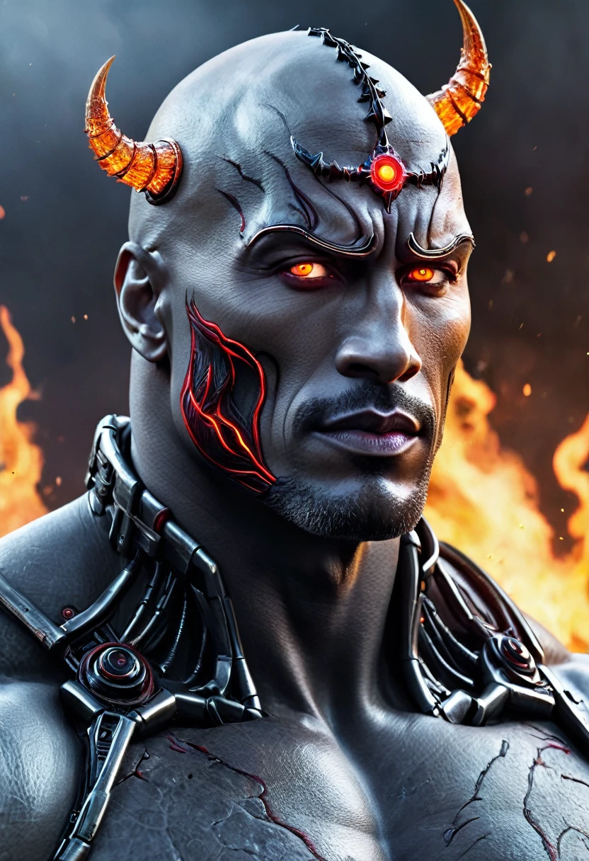 un primer plano de un hombre con cara de demonio y una cara de demonio en el pecho, arte conceptual por Zoltan Boros, presentado en zbrush central, fantasy art, 8k muy detallado ❤🔥 🔥 💀 🤖 🚀, cyborg satan, el bromista se parece a naruto, el dios del caos, dwayne johnson como el bromista, hermoso dios masculino de la muerte, Cyborg DC