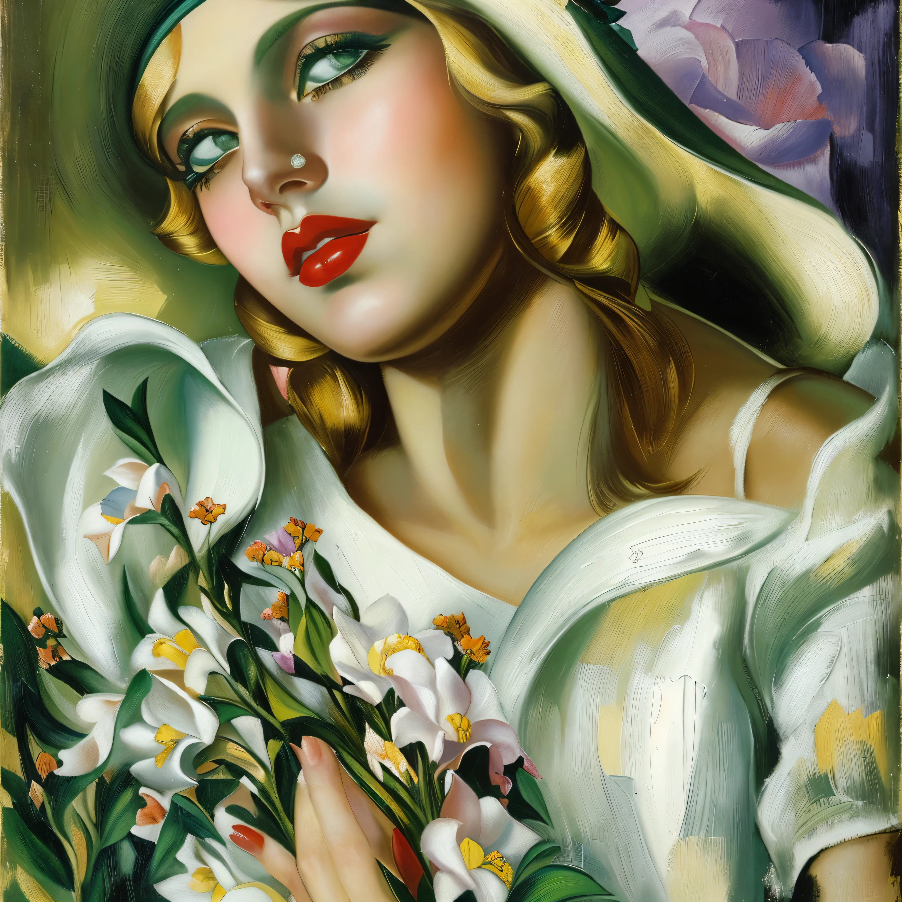 painting of a woman in a white hat with flowers in her hand, inspired by Tamara de Lempicka, inspired by Tamara Lempicka, by Tamara Lempicka, by Tamara de Lempicka, art deco painting, enoch bolles, anna dittmann alberto vargas, inspired by Zinaida Serebriakova, art deco portrait, an art deco painting