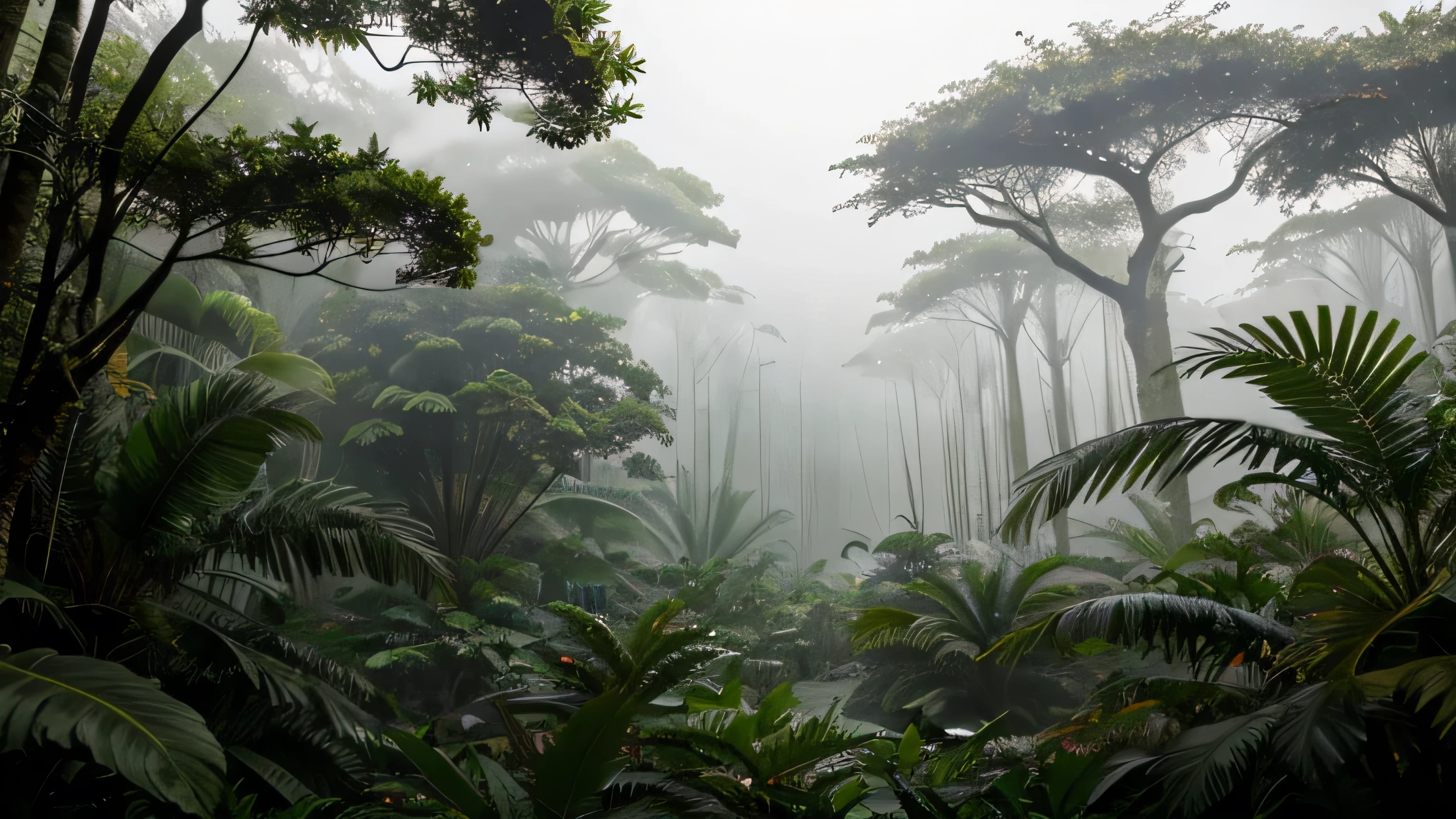 Rainy tropical rainforest jungle。The fog rolls in。Extraterrestrial planets。Giant Tree々