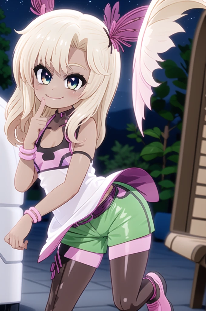 By mantis-x, gyaru, young girl, tight hotpants, spread butt, small breasts, playful smile, suck finger , night, blonde hair, taned skin, solo,