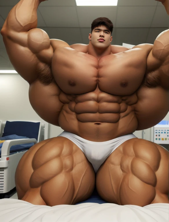1boy, giant, model shoot style, staring, illuminating light, strong body, bulk, large size, armpit, in the white hospital room, white triangular underwear, prominent bulge, big, brutalmass, giant, muscular body, bulk, massive body, large meaty body size, huge thighs