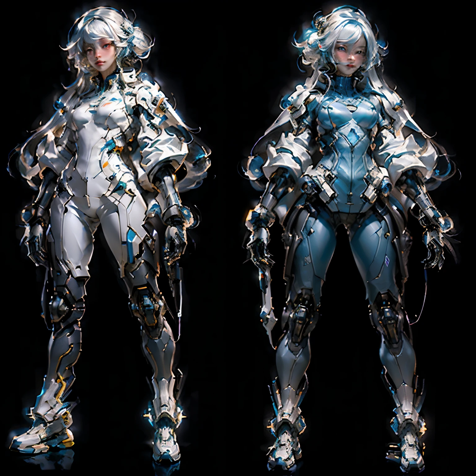 a close up of two women in futuristic clothing standing next to each other, feng zhu concept art, pristine concept art, sci fi female character, concept art | feng zhu, sci - fi character, amazing 8k character concept art, sci-fi female, beautiful full body concept art, girl in mecha cyber armor, cyberpunk anime girl mech
