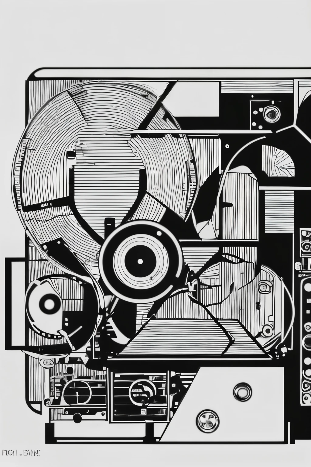 ((black and white drawing)), ((plain white background)), ((serigraphy)), ((minimalist style)), ((abstract) style), ((old reel-to reel tape recorder on a stool)), some appears around the bottom of the machine, tape goes out of the machine's reel and forms a spiral going up, in the upper side of the picture the tape gets broken in smaller pieces and lets more space empty