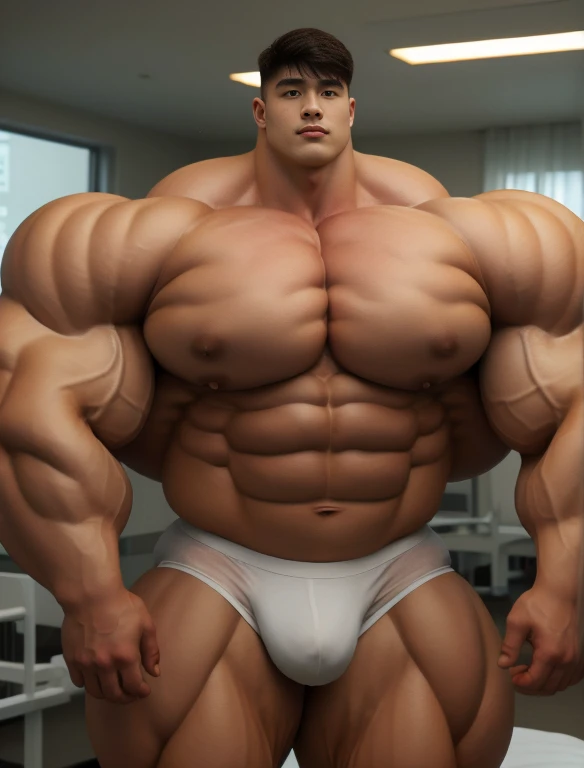 1boy, giant, model shoot style, staring, illuminating light, strong body, bulk, large size, posing, in the white hospital room, white triangular underwear, prominent bulge, big, brutalmass, giant, muscular body, bulk, massive body, large meaty body size, 