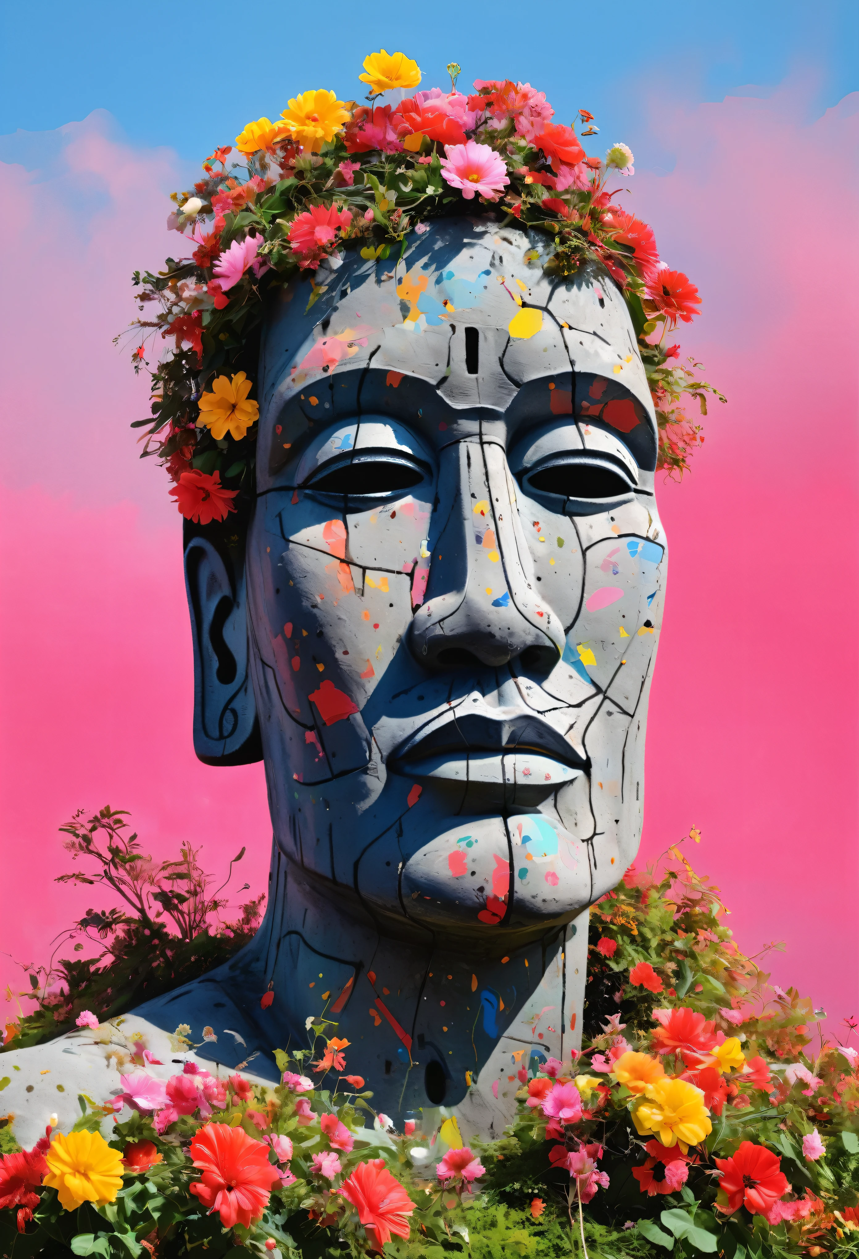Graffiti, scribble, Comics by Petra Cortright, best quality, masterpiece, moai statue artwork, Representative work, official art, Professional, Ultra intricate detailed, 8k, moai statue art, colourful background