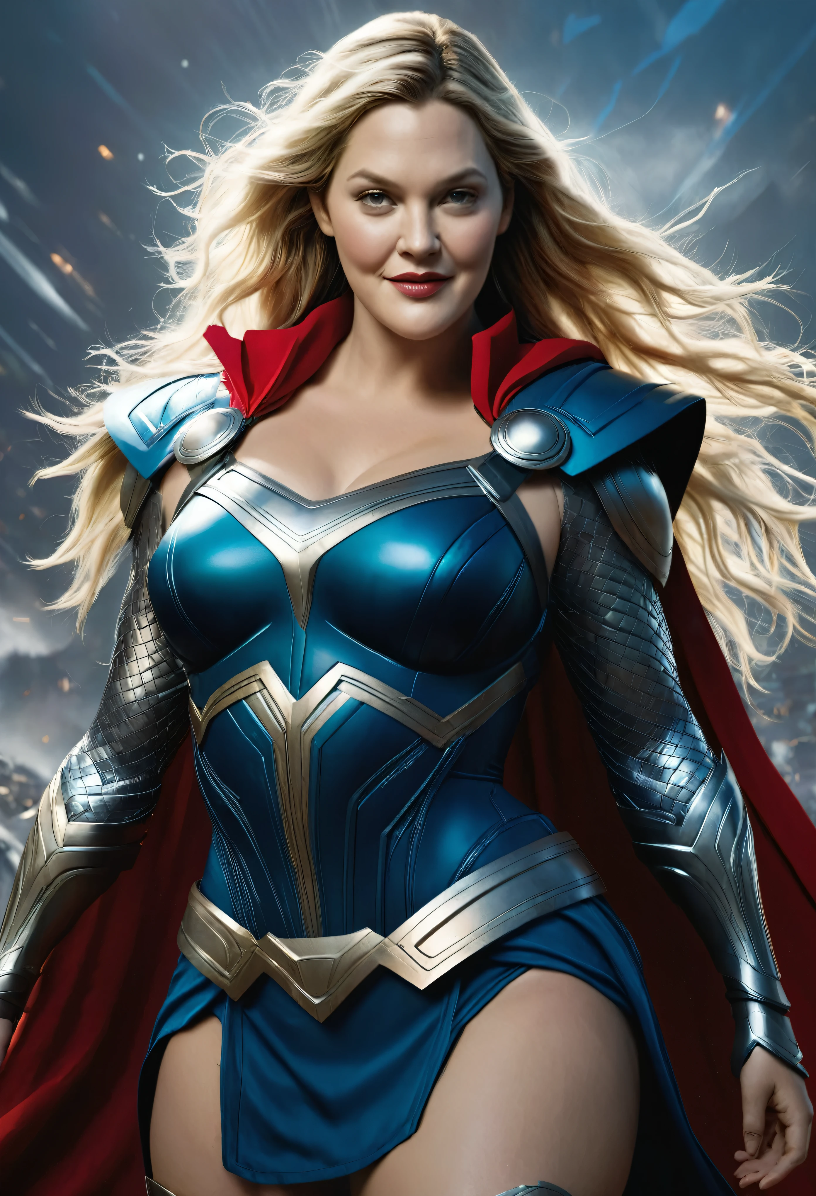 Looks like Drew Barrymore , woman thor, female thor, sexy, photography, soft lighting, soft details, octane, large breast, massive , healthy Full figured woman, tight thick body, artstation trending, ultra high detail, ultra realistic, cinematic,16k, female Thor costume,