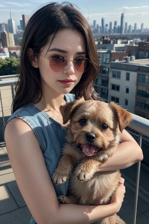 woman in sunglasses holding a dog in her arms in front of a city skyline, imagem de perfil, 4 5 eles, segurando seu Yorkshire terrier, 3 0 anos mulher, por Emma Andijewska, foto de perfil, Betty a Feia, selfie de um cachorro, dia ensolarado brilhante, por Meredith Dillman, post, Mina Petrovic, por Lisa Milroy, estilo Disney Pixar