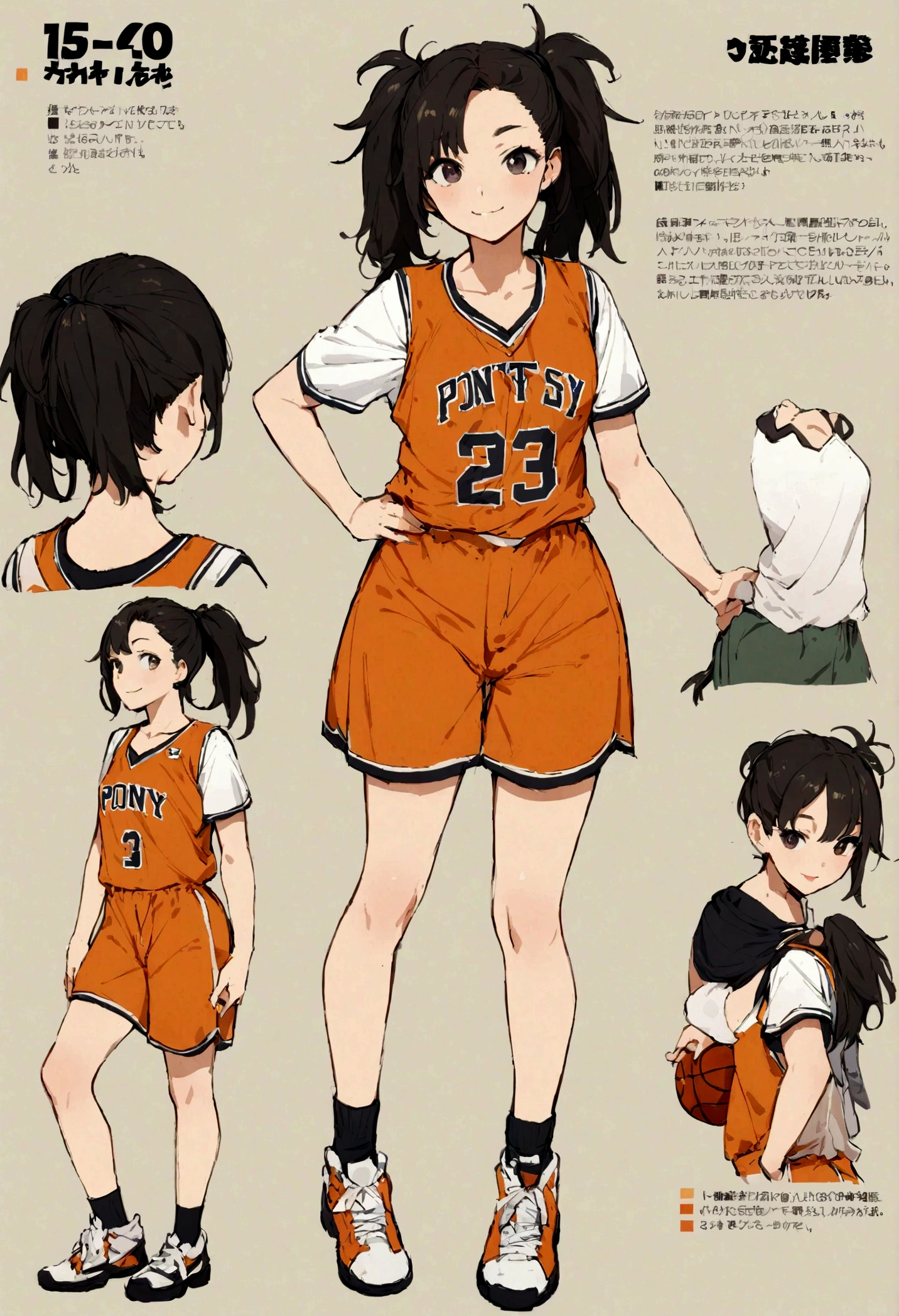 (Highest quality, masterpiece), 1 girl, female, , cool, standing girl, three-dimensional effect, front and back, side, character sheet, full body, simple background, basketball bag, pretty girl, baseball jumper, black hair, pony Tail hair, dark eyes, smile, charisma, girl crush, face up, solo
information