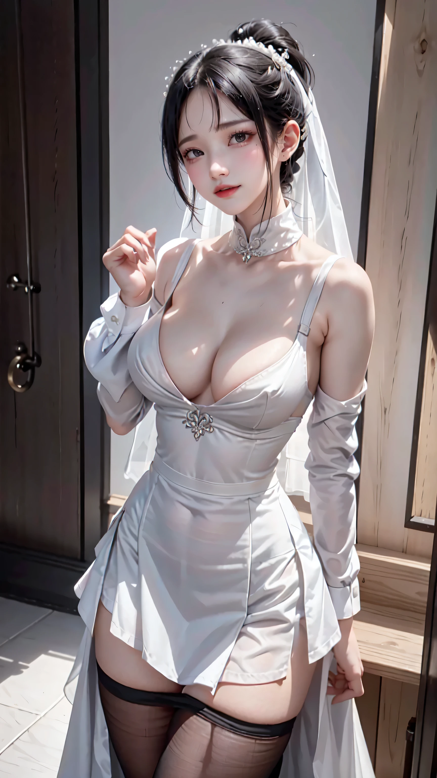 1 female,ars old,Black Hair,Beautiful ponytail hairstyles, (High Waist Skirt:1.3),, (White shirt:1.3), (Double-breasted,Underbust:1.2), Moaning,Sweaty thighs,My crotch is wet,Roll up your skirt,who、blush、whole body、Sleeveless clothing、In a dark alley、see-through clothing、Sexy woman、Embarrassed blushing face、Puzzled look、Breasts exposed from side、thin waist、Clothes that stick to the abdomen、Big tits、Very thin fabric、Beautiful body line from the groin to the lower body、Clothes with small pieces of cloth fastened with strings、((wedding dress))、Clothes with wide side openings、Beautiful clavicle、A slender body with ample breasts and buttocks、She is not wearing pants and skirt and only wears an apron to cover her private parts