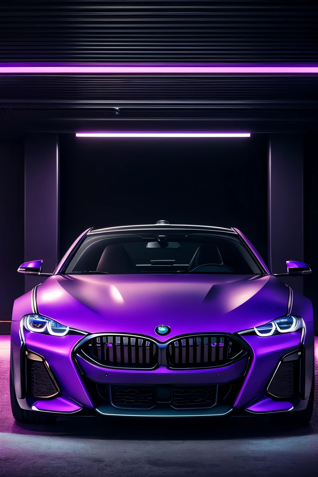In the heart of a dystopian future world, a sleek and realistic cyberpunk BMW stands out against the pulsating neon backdrop. The vehicle, with its sleek lines and futuristic design, catches the eye with its mirror-like finish, glowing with an otherworldly sheen under the ultra-violet lights of the cityscape. The car's advanced holographic interface casts an ethereal glow, displaying a myriad of information in eye-catching hues. The image, captured with a Nikon, is filled with sharp detail and high definition, showcasing the vehicle's every curve and contour in 4k resolution. The