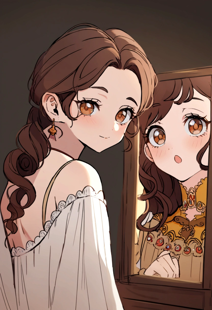 Arafed Woman with Bohemian Clothes, girl with brown eyes, Portrait Sophie Mudd, Long, curly, messy brown hair and big eyes, mirror selfie of a young woman, Violet Myers, looking straight at camera , face with Artgram, subtil make-up, full body picture,  It's elegant, 