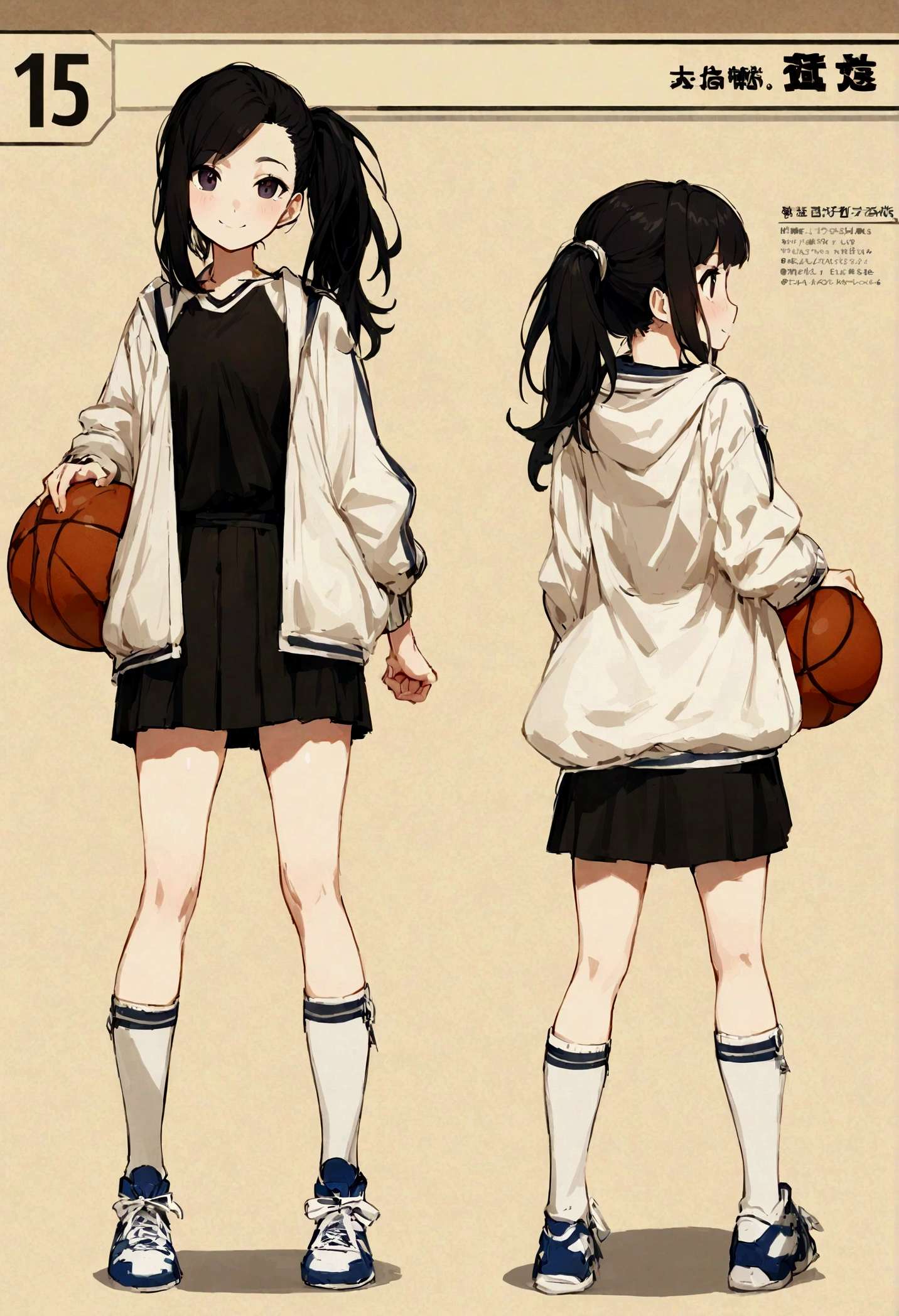 (Highest quality, masterpiece), 1 girl, female, 15 years old, cool, standing girl, three-dimensional effect, front and back, side, character sheet, full body, simple background, basketball bag, pretty girl, baseball jumper, black hair, pony Tail hair, dark eyes, smile, charisma, girl crush, face up, solo
information