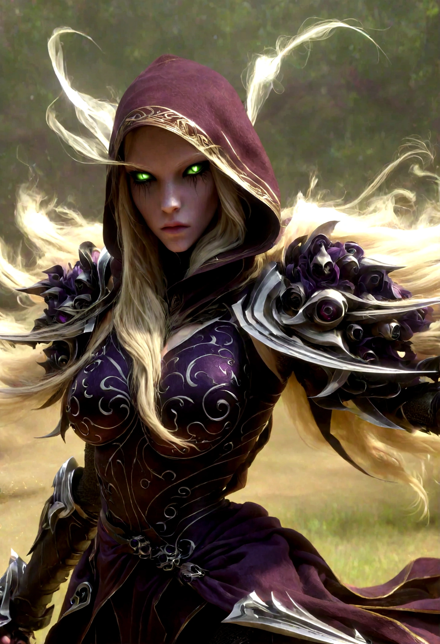cinewow 1girl,sylvanas windrunner,,blonde,black sclera,glowing eyes,long hair,shoulder armor,full body,hood,solo,masterpiece,epic,best quality scar,perfect body proportion,pinup,posinig