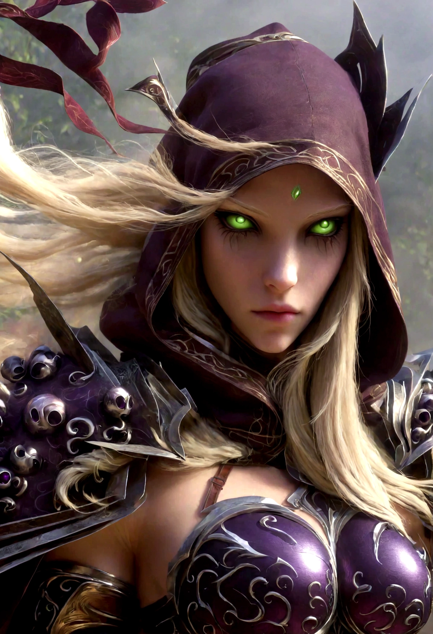 cinewow 1girl,sylvanas windrunner,,blonde,black sclera,glowing eyes,long hair,shoulder armor,full body,hood,solo,masterpiece,epic,best quality scar,perfect body proportion,pinup,posinig